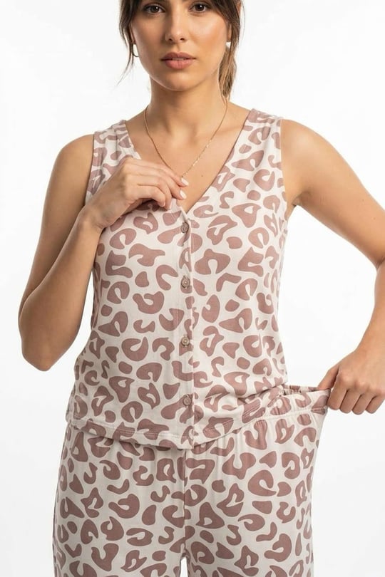 Kadın Kahve Leopar Kolsuz V Yaka Takım - 26023R