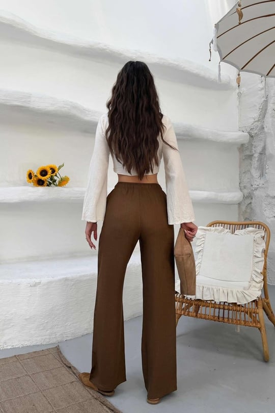 Kadın Kahverengi Bol Paça Keten Pantolon -  286RLX