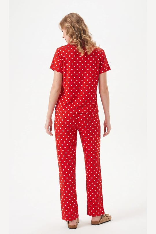 Kadın Kırmızı Viskon Gömlek Pijama Takımı - LB1002R