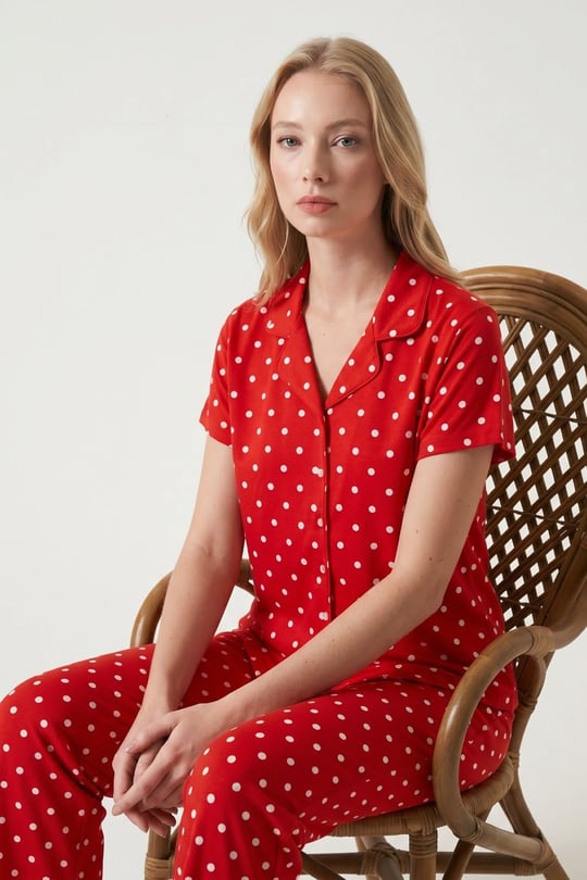 Kadın Kırmızı Viskon Gömlek Pijama Takımı - LB1002R
