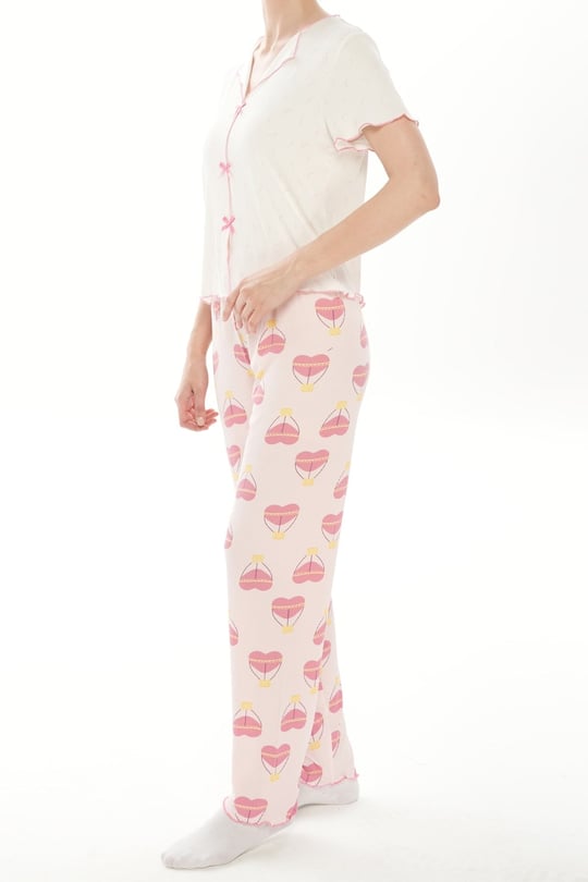 Kadın Kısa Kol Alt Uzun Fiyonklu Pijama Takım - 1935-4R