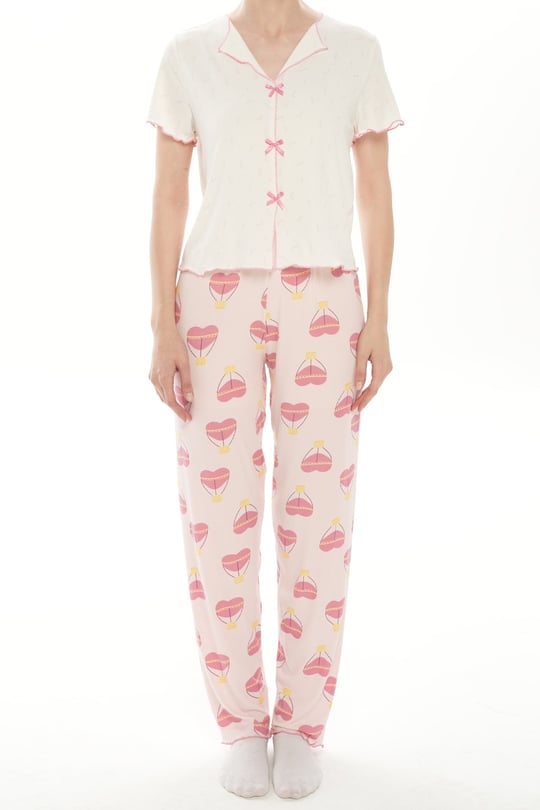Kadın Kısa Kol Alt Uzun Fiyonklu Pijama Takım - 1935-4R