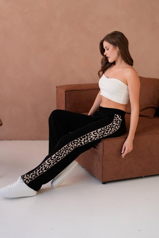 Kadın Leopar Şerit Detaylı Örme Pantolon - 12026R