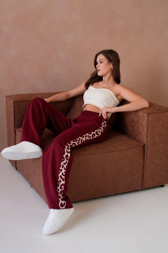 Kadın Leopar Şerit Detaylı Örme Pantolon - 12026R