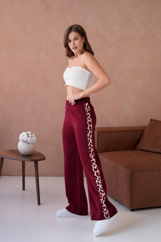 Kadın Leopar Şerit Detaylı Örme Pantolon - 12026R