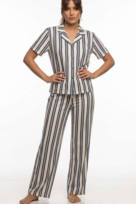 Kadın Mavi Çizgili Gömlek Pijama Takım - 26036R