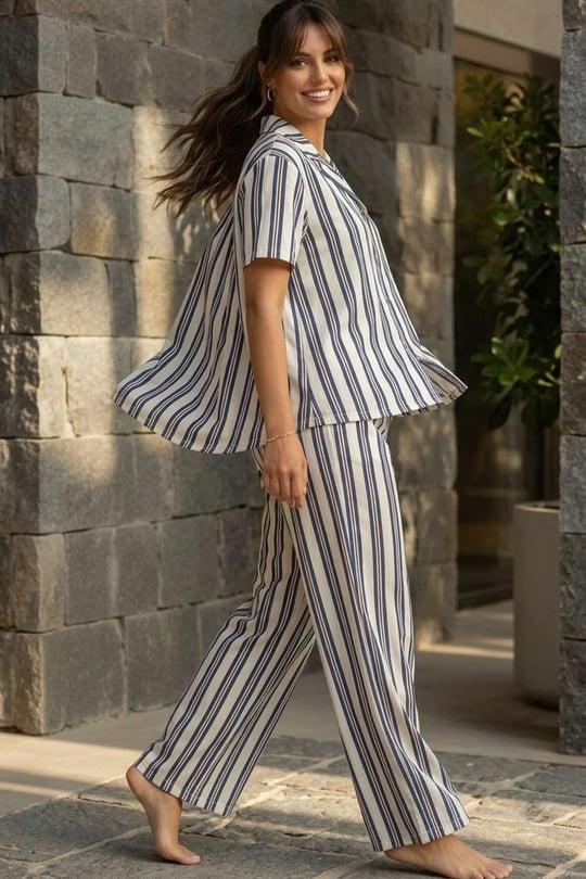 Kadın Mavi Çizgili Gömlek Pijama Takım - 26036R