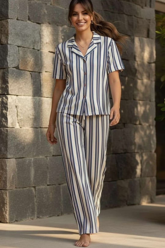 Kadın Mavi Çizgili Gömlek Pijama Takım - 26036R
