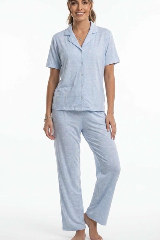 Kadın Nakış Desen Mavi Gömlek Pijama Takım - 26038R