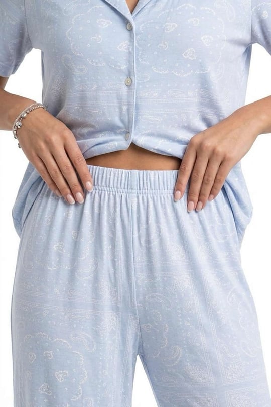 Kadın Nakış Desen Mavi Gömlek Pijama Takım - 26038R