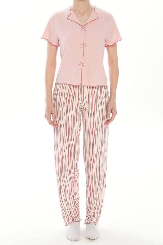 Kadın Pembe Kısa Kol Alt Uzun Fiyonklu Pijama Takım - 1935-4R
