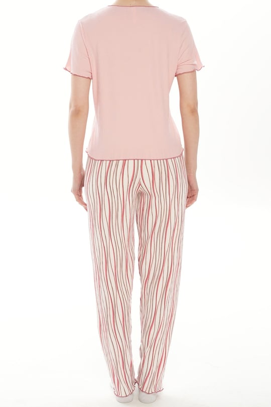 Kadın Pembe Kısa Kol Alt Uzun Fiyonklu Pijama Takım - 1935-4R