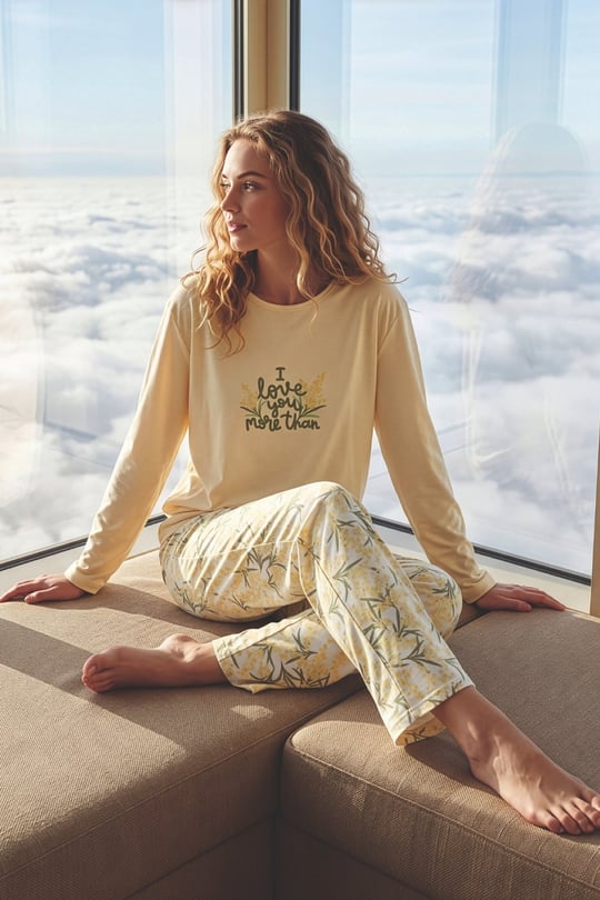Kadın Sarı Penye Bisiklet Yaka Pijama Takımı - 7600-39R