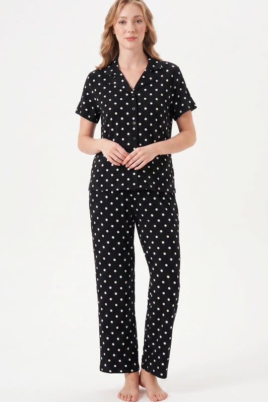 Kadın Siyah Viskon Gömlek Pijama- LB1002R