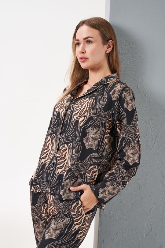 Kadın Siyah/Leopar Pijama Takım - 28039R