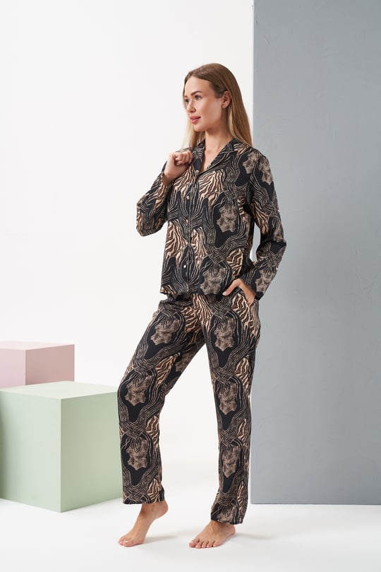 Kadın Siyah/Leopar Pijama Takım - 28039R