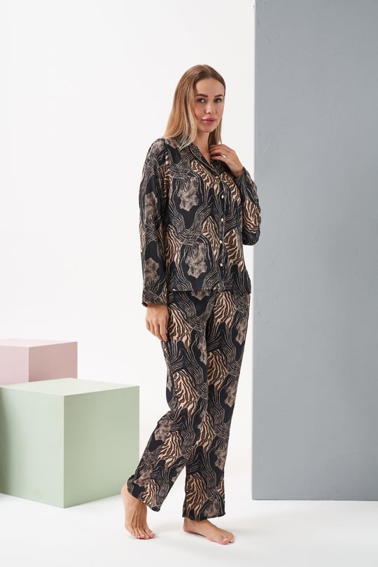 Kadın Siyah/Leopar Pijama Takım - 28039R
