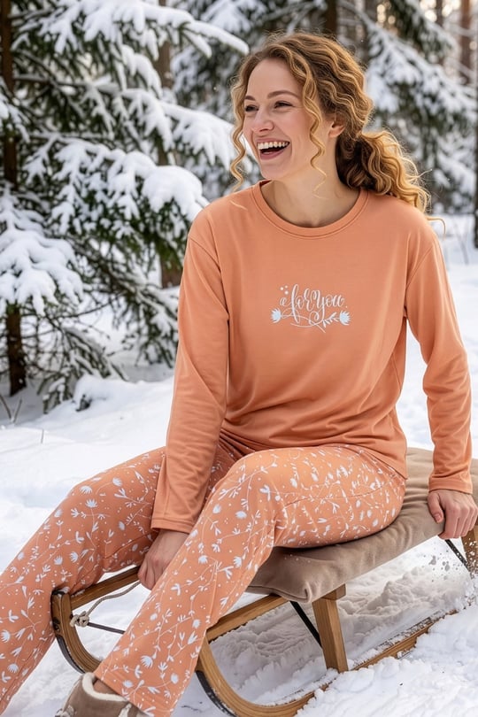 Kadın Turuncu Termosoft Bisiklet Yaka Pijama Takımı - 7900-1R