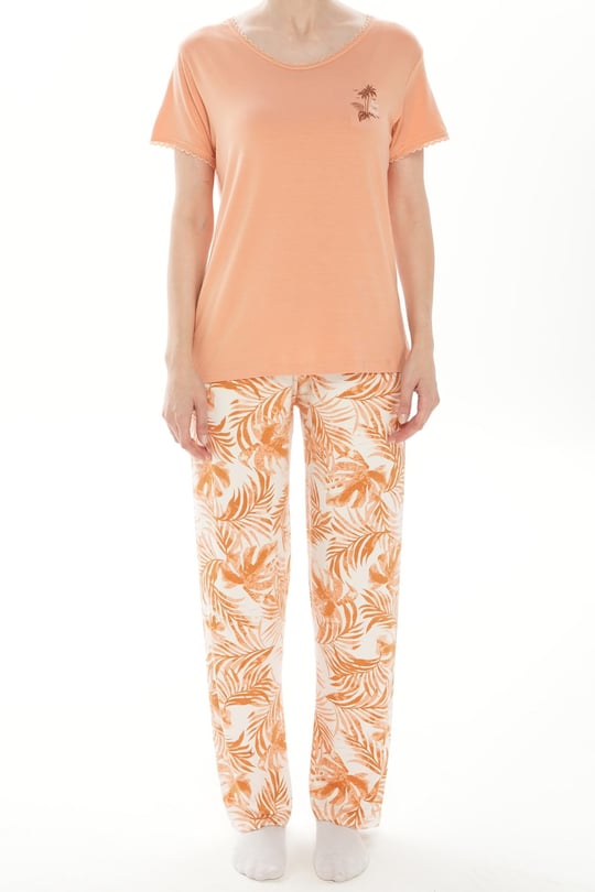 Kadın Turuncu Viskon-V Yaka Dantelli Pijama Takımı - 40113R