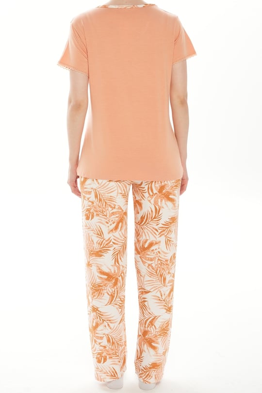 Kadın Turuncu Viskon-V Yaka Dantelli Pijama Takımı - 40113R
