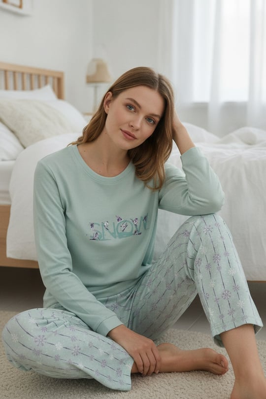 Kadın Yeşil %100 Pamuk Bisiklet Yaka Penye Pijama Takımı - 90797R