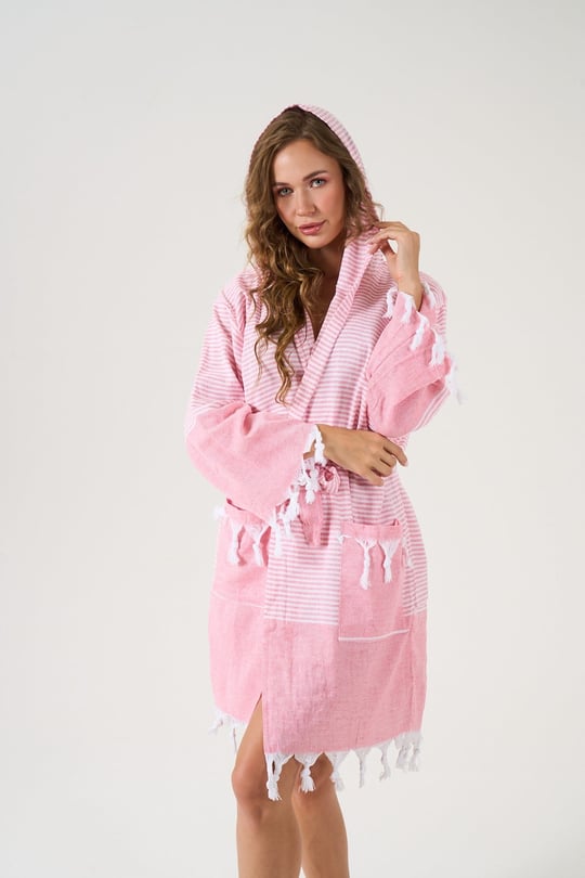 Unisex Kırmızı %100 Pamuk Kapşonlu Peştemal Bornoz - 78275R