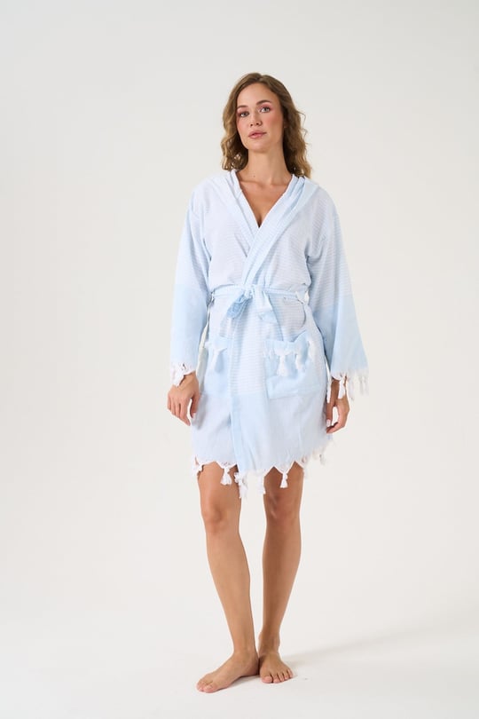 Unisex Mavi  %100 Pamuk Kapşonlu Peştemal Bornoz - 78275R