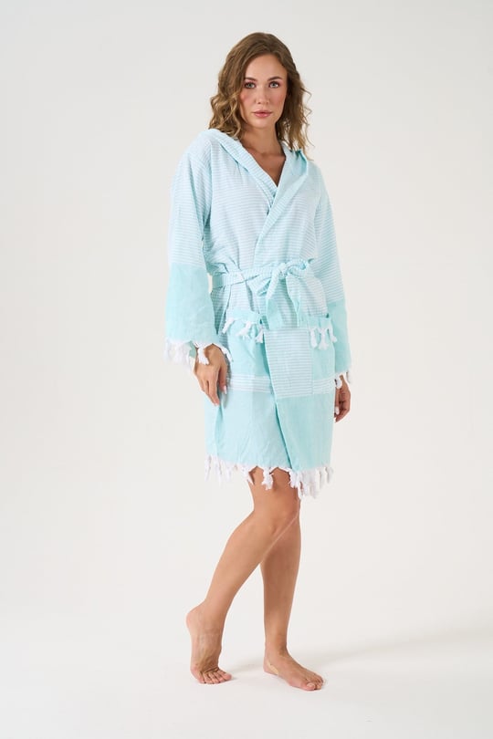 Unisex Mint %100 Pamuk Kapşonlu Peştemal Bornoz - 78275R