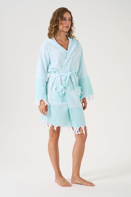 Unisex Mint %100 Pamuk Kapşonlu Peştemal Bornoz - 78275R