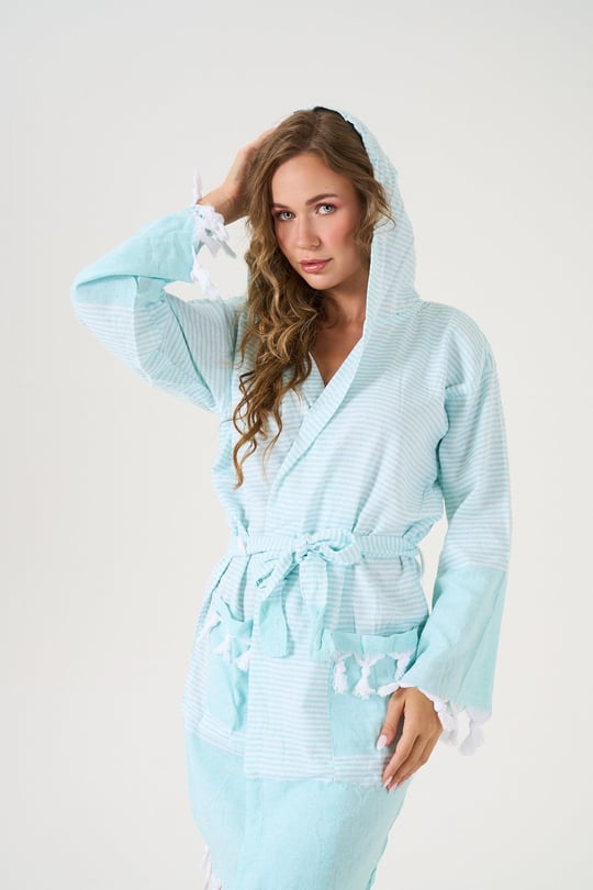 Unisex Mint %100 Pamuk Kapşonlu Peştemal Bornoz - 78275R