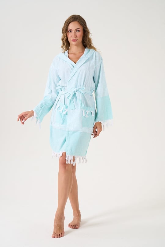 Unisex Mint %100 Pamuk Kapşonlu Peştemal Bornoz - 78275R