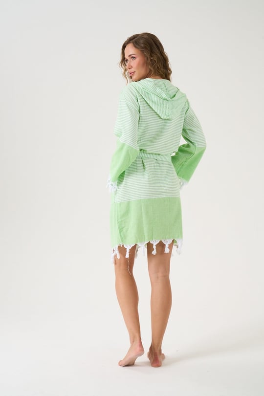 Unisex Yeşil %100 Pamuk Kapşonlu Peştemal Bornoz - 78275R