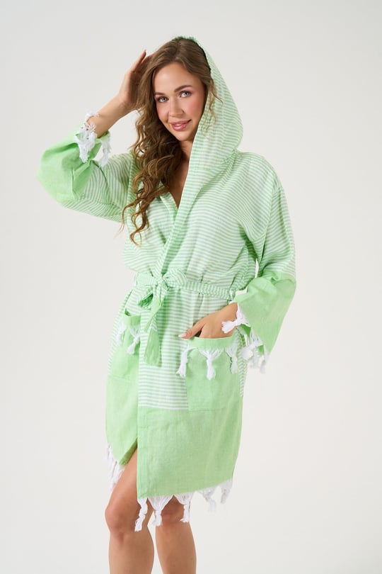 Unisex Yeşil %100 Pamuk Kapşonlu Peştemal Bornoz - 78275R
