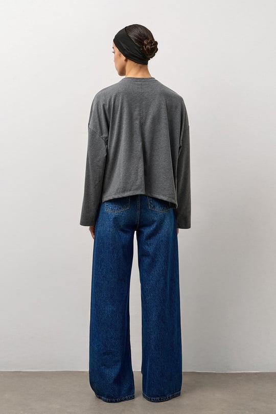 Antrasit Dikiş Detaylı Bisiklet Yaka Basic T-Shirt