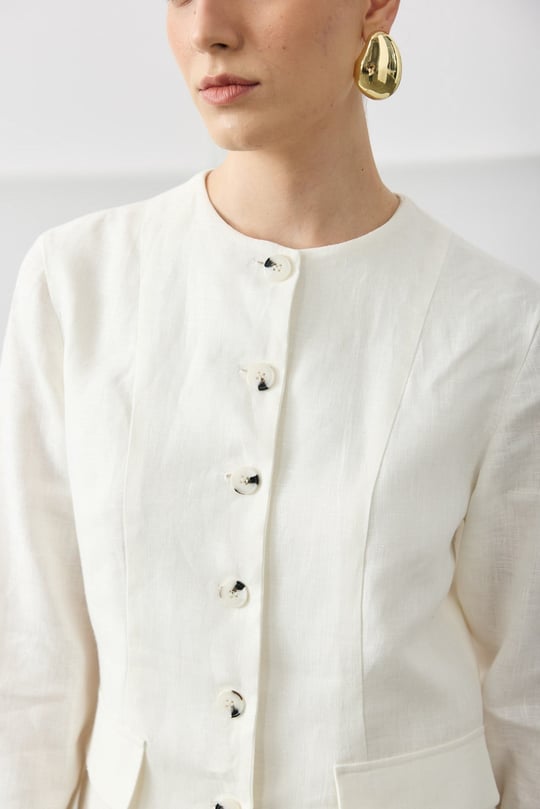 Beyaz Keten Blazer Detaylı Elbise