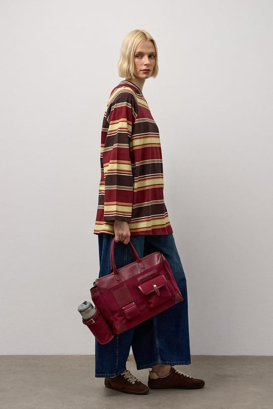 Bordo Çizgili Bisiklet Yaka T-Shirt