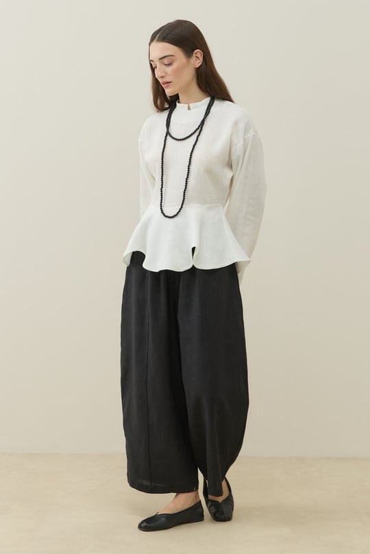 Ekru Hakim Yaka Peplum Keten Bluz