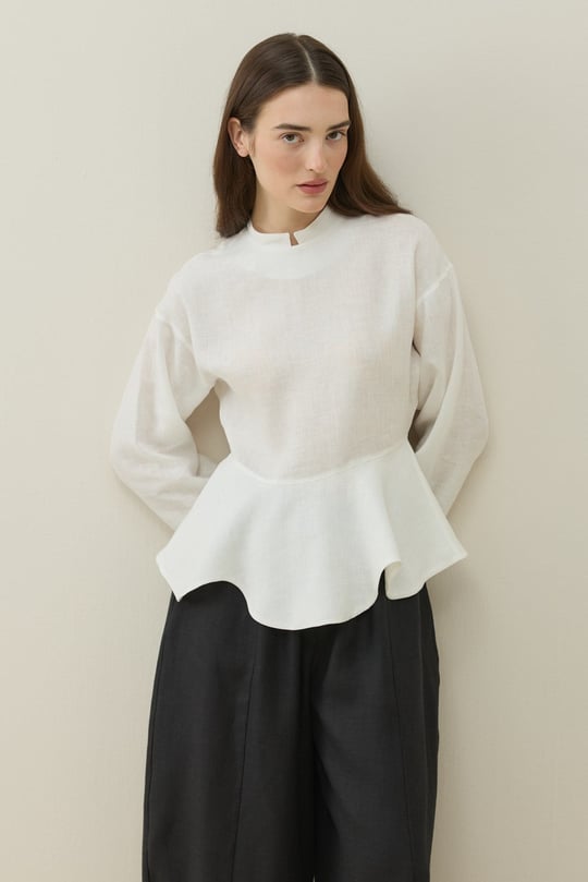 Ekru Hakim Yaka Peplum Keten Bluz