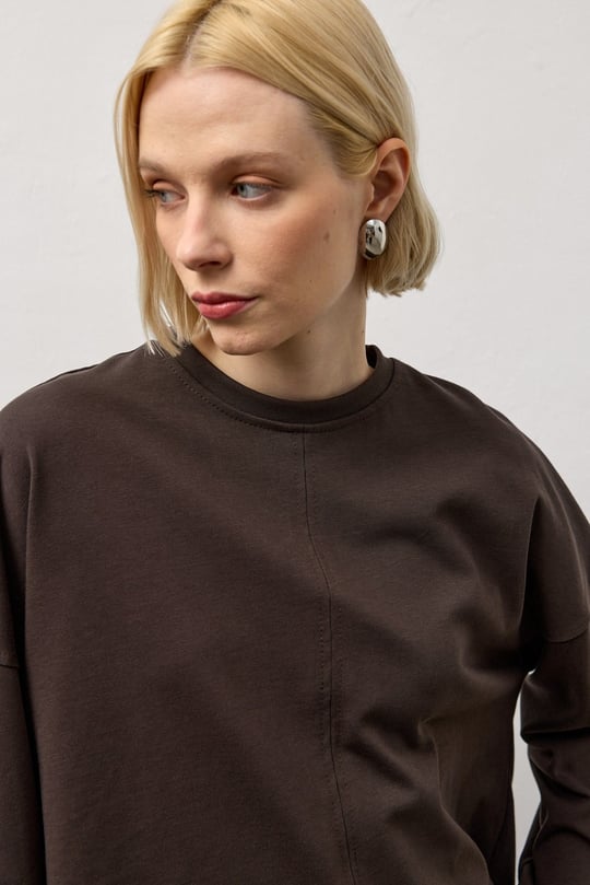 Kahverengi Dikiş Detaylı Bisiklet Yaka Basic T-Shirt