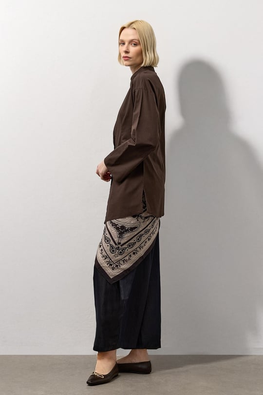 Kahverengi Pensli Fitted Poplin Gömlek