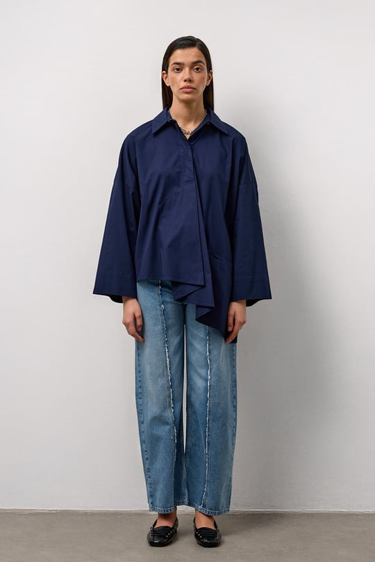 Lacivert Asimetrik Oversize Gömlek