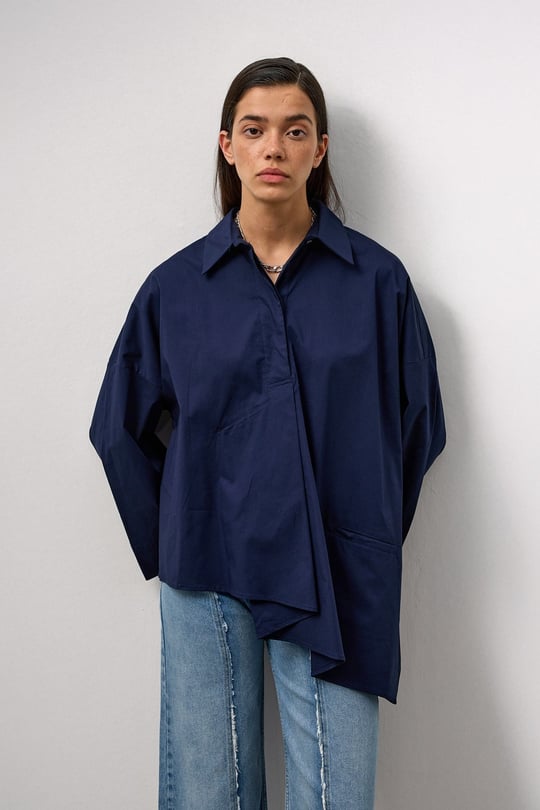 Lacivert Asimetrik Oversize Gömlek