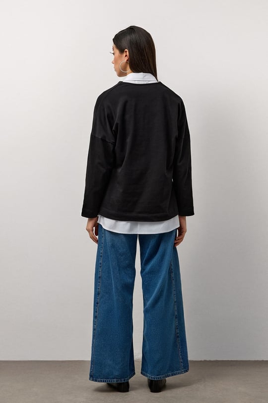 Siyah V Yaka Uzun Kollu Basic T-Shirt