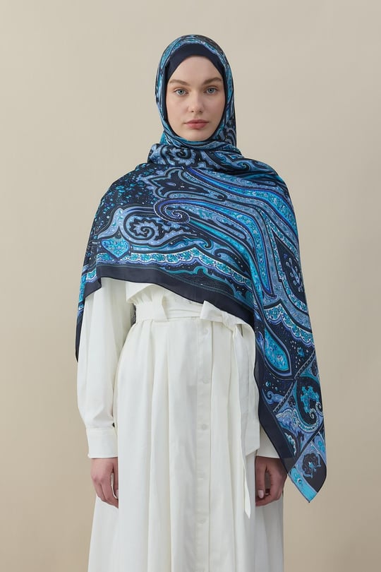 Etro Desen İpek Vual Şal Saks Mavisi