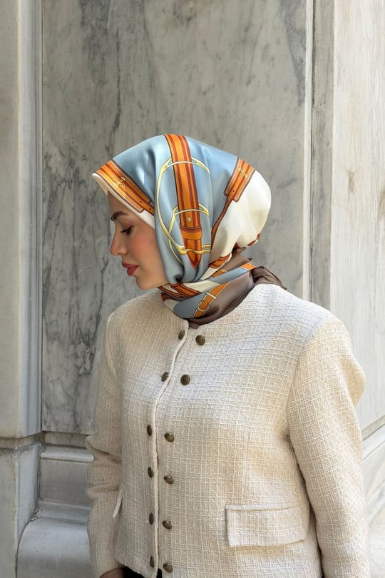 Kelepçe Desen Twill Eşarp-Gri Mavi