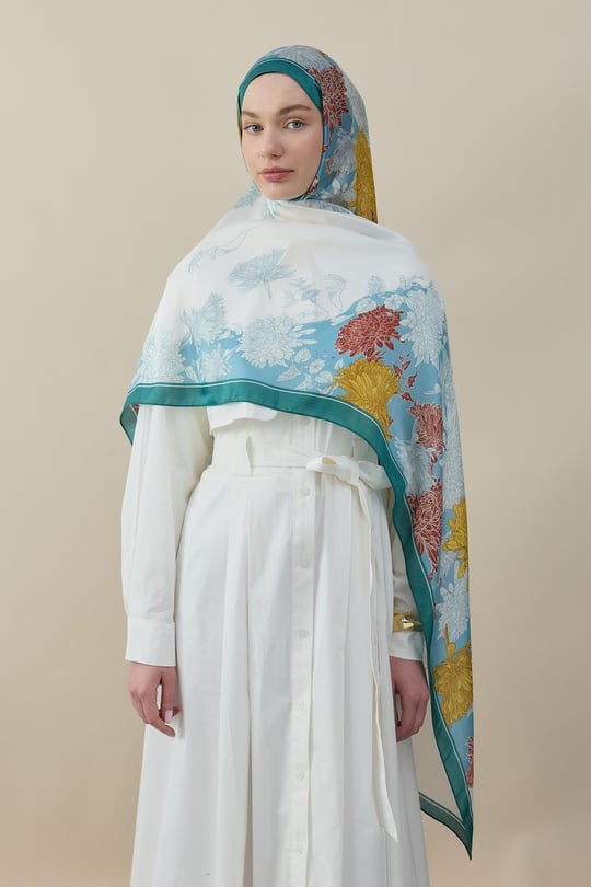 Sakura Çiçek İpek Vual Şal Mint