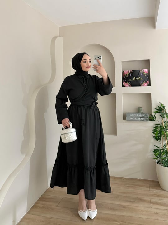 Ruffle Kurdele Detay Bağlamalı Etekli Takım