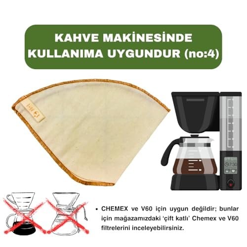 (1 adet) Yıkanabilir, Kumaş Kahve Filtresi (no:4) Ağartılmamış%100 Ham Pamuk, Organik, Ekolojik Filtre no:4
