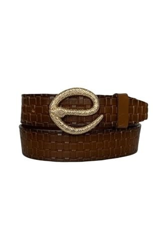 %100 Hakiki Deri, Gold Yılan Tokalı Kahverengi Kadın Kot Kemeri 4 cm; ToSado.kare-byn-49