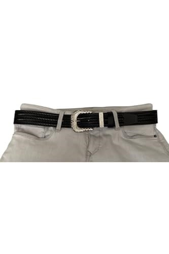 %100 Hakiki Deri, Gümüş Taşlı Tokalı, Metal Taşlı Köprülü Siyah Kadın Kot Kemeri 4 cm; Siyah.-ORGULU-byn-66